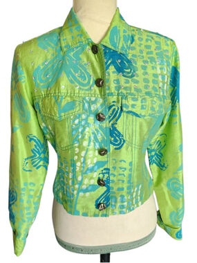 Sandy Starkman XS Silk Cropped Jacket Lime Green Blue Batik Rhinestone Blazer